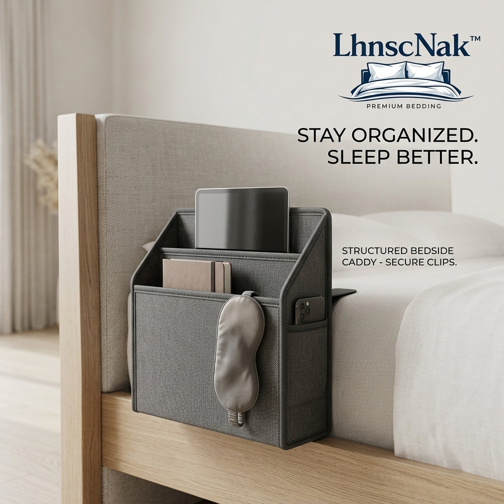 LhnscNak™ Structured Bedside Caddy - Heavy Duty Hanging Bed Organizer with Secure Clips, Rigid Bed Rail Storage Pocket for Tablet, Phone, Books, and Remotes, Premium Dorm Room & Bedroom Essentials