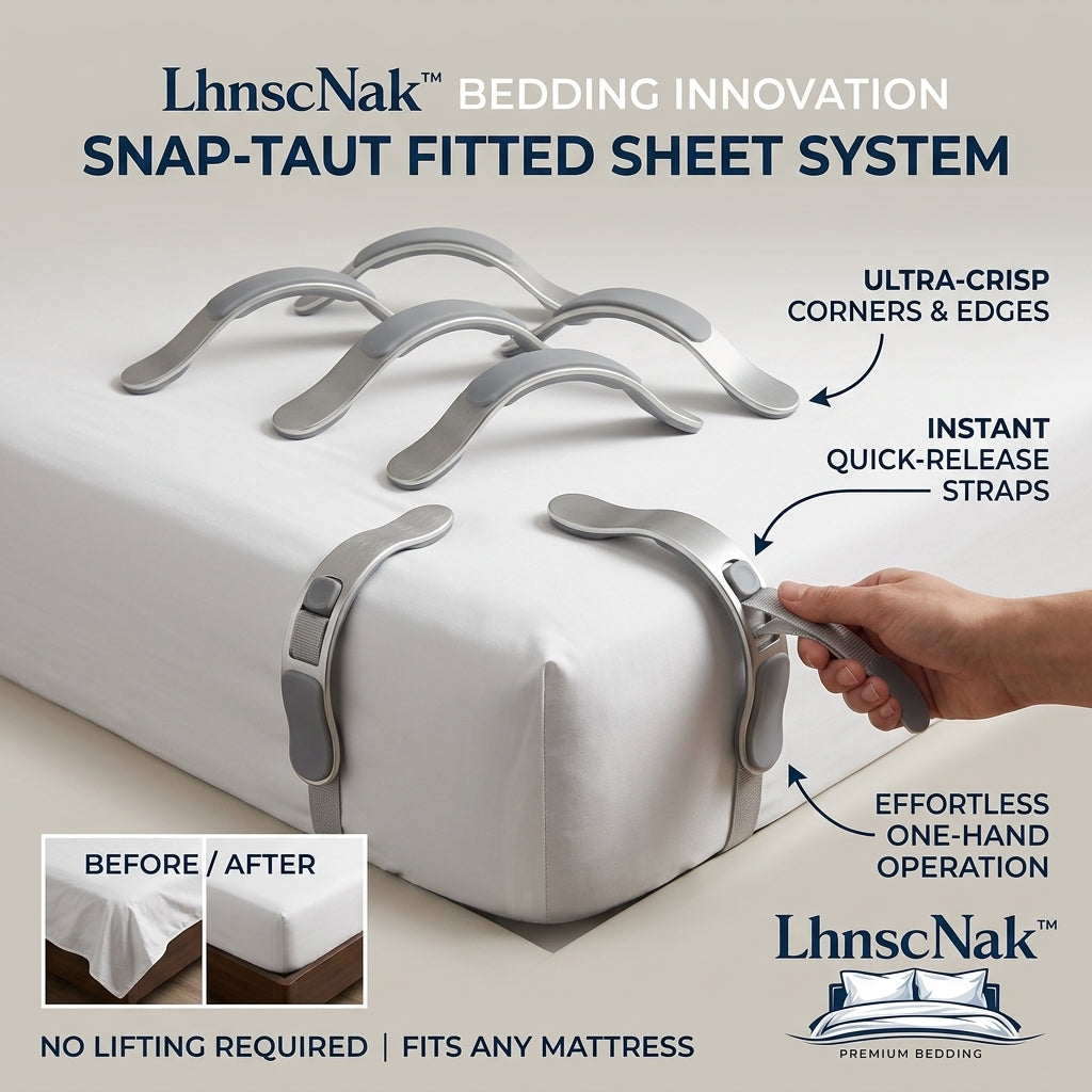 LhnscNak™ Snap-Taut Fitted Sheet System - Premium Bed Sheet Straps & Mattress Corner Clips, No-Lift Adjustable Sheet Grippers for Wrinkle-Free Sheets, One-Hand Instant Quick-Release Bedding Fasteners