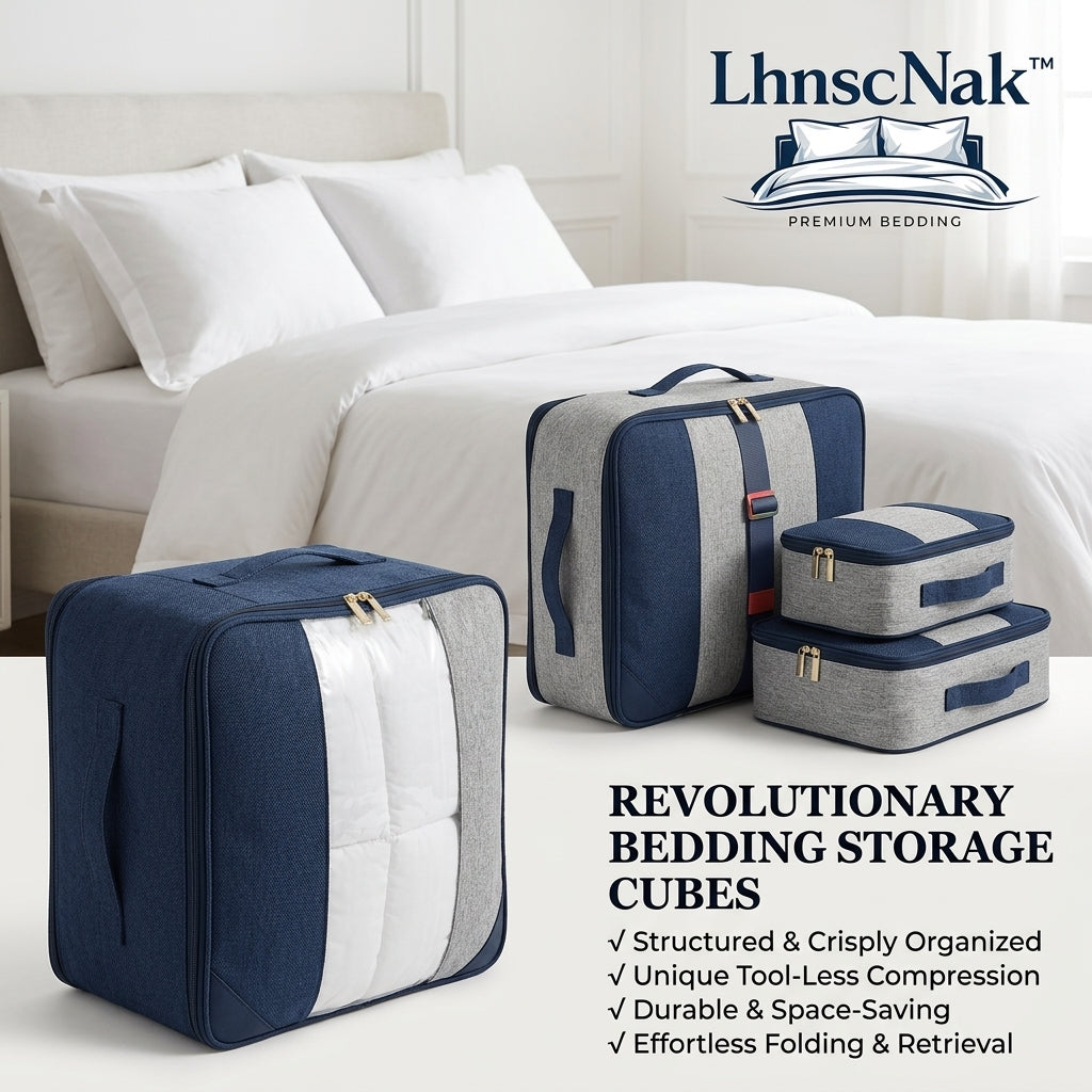 LhnscNak™ 4-Piece Bedding Storage Cubes, Tool-Less Compression Closet Organizers for Comforters, Blankets, Sheets, and Duvets, Heavy-Duty Space Saving Fabric Storage Bags with Clear Window & Sturdy Handles