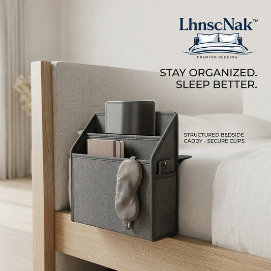 LhnscNak™ Structured Bedside Caddy - Heavy Duty Hanging Bed Organizer with Secure Clips, Rigid Bed Rail Storage Pocket for Tablet, Phone, Books, and Remotes, Premium Dorm Room & Bedroom Essentials