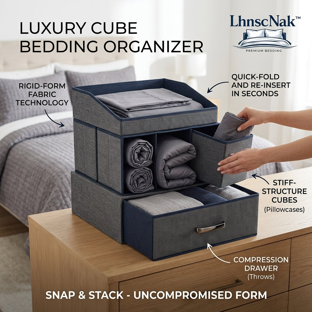LhnscNak™ Luxury Cube Bedding Organizer - Stackable Sheet Set Storage Box with Compression Drawer & Stiff-Structure Cubes | Rigid-Form Fabric Modular Closet Organizer for Sheets, Pillowcases, Throws & Blankets
