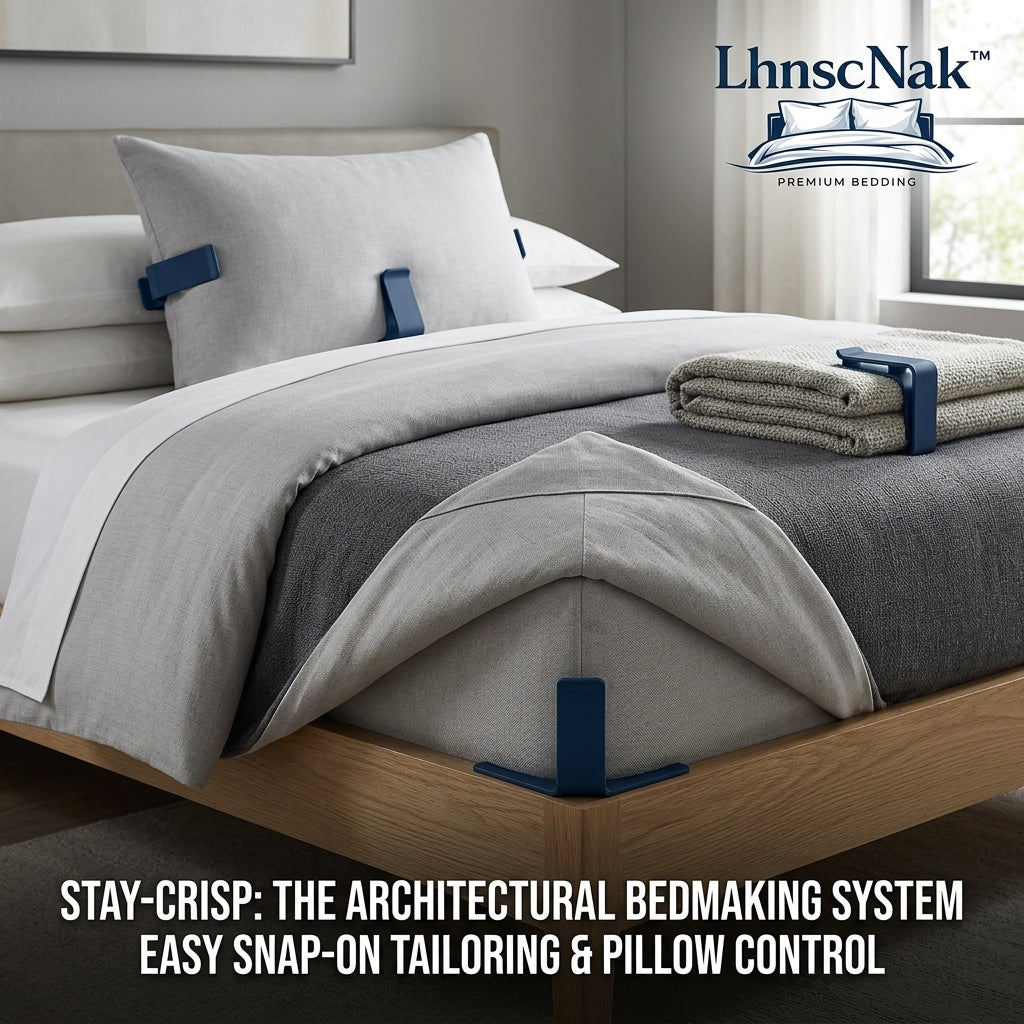 LhnscNak™ Stay-Crisp Architectural Bedmaking System - Premium Snap-On Bed Sheet Tension Clips, Corner Grippers, Blanket & Pillow Control Fasteners for Neat, Hotel-Quality Tailored Bedding