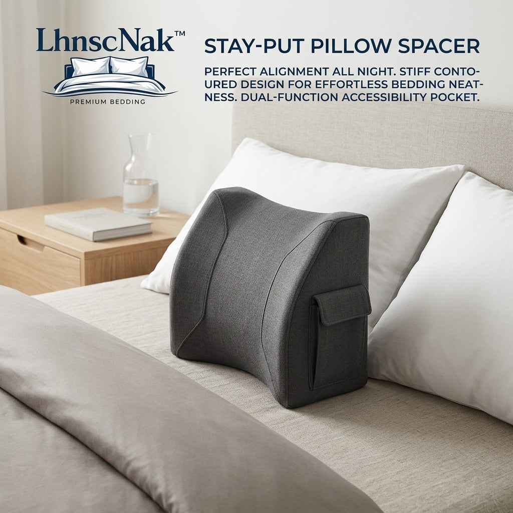 LhnscNak™ Stay-Put Pillow Spacer – Contoured Bed Wedge Pillow for Perfect Spine Alignment & Effortless Bedding Neatness | Firm Orthopedic Support Cushion with Dual-Function Side Pocket for Phones & Remotes