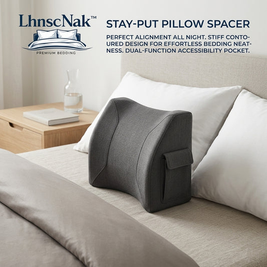 LhnscNak™ Stay-Put Pillow Spacer – Contoured Bed Wedge Pillow for Perfect Spine Alignment & Effortless Bedding Neatness | Firm Orthopedic Support Cushion with Dual-Function Side Pocket for Phones & Remotes