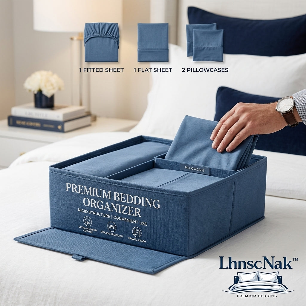 LhnscNak™ Premium Bed Sheet Organizer and Storage | Foldable Linen Organizer Box for Closet | Sturdy Sheet Set Keeper with Labeled Compartments for 1 Fitted Sheet, 1 Flat Sheet & 2 Pillowcases | Space-Saving Closet Organization