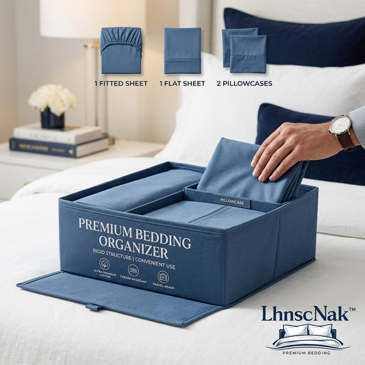 LhnscNak™ Premium Bed Sheet Organizer and Storage | Foldable Linen Organizer Box for Closet | Sturdy Sheet Set Keeper with Labeled Compartments for 1 Fitted Sheet, 1 Flat Sheet & 2 Pillowcases | Space-Saving Closet Organization